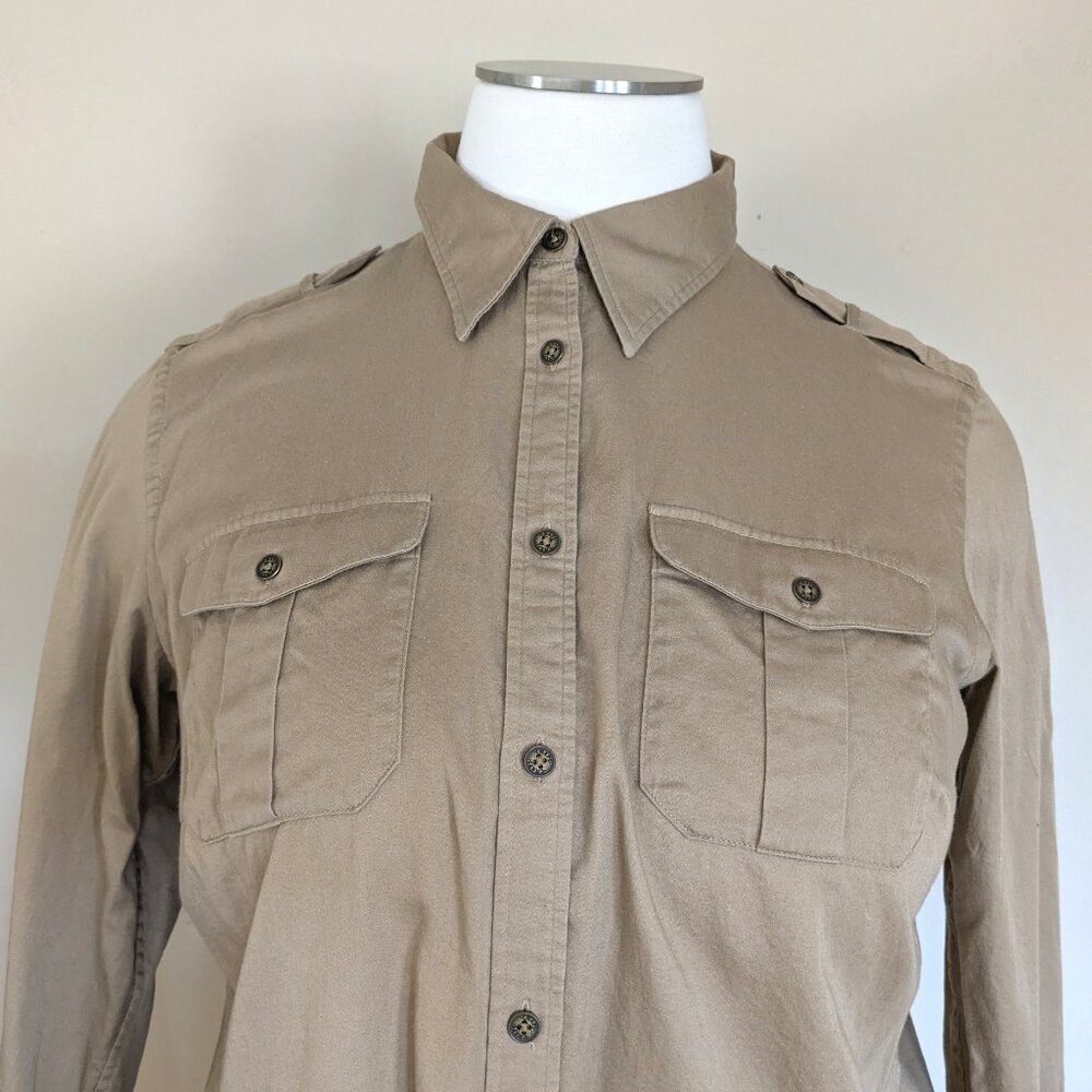 Chaps 100% Cotton British Tan Button Down SHirt Military Epaulette 2X